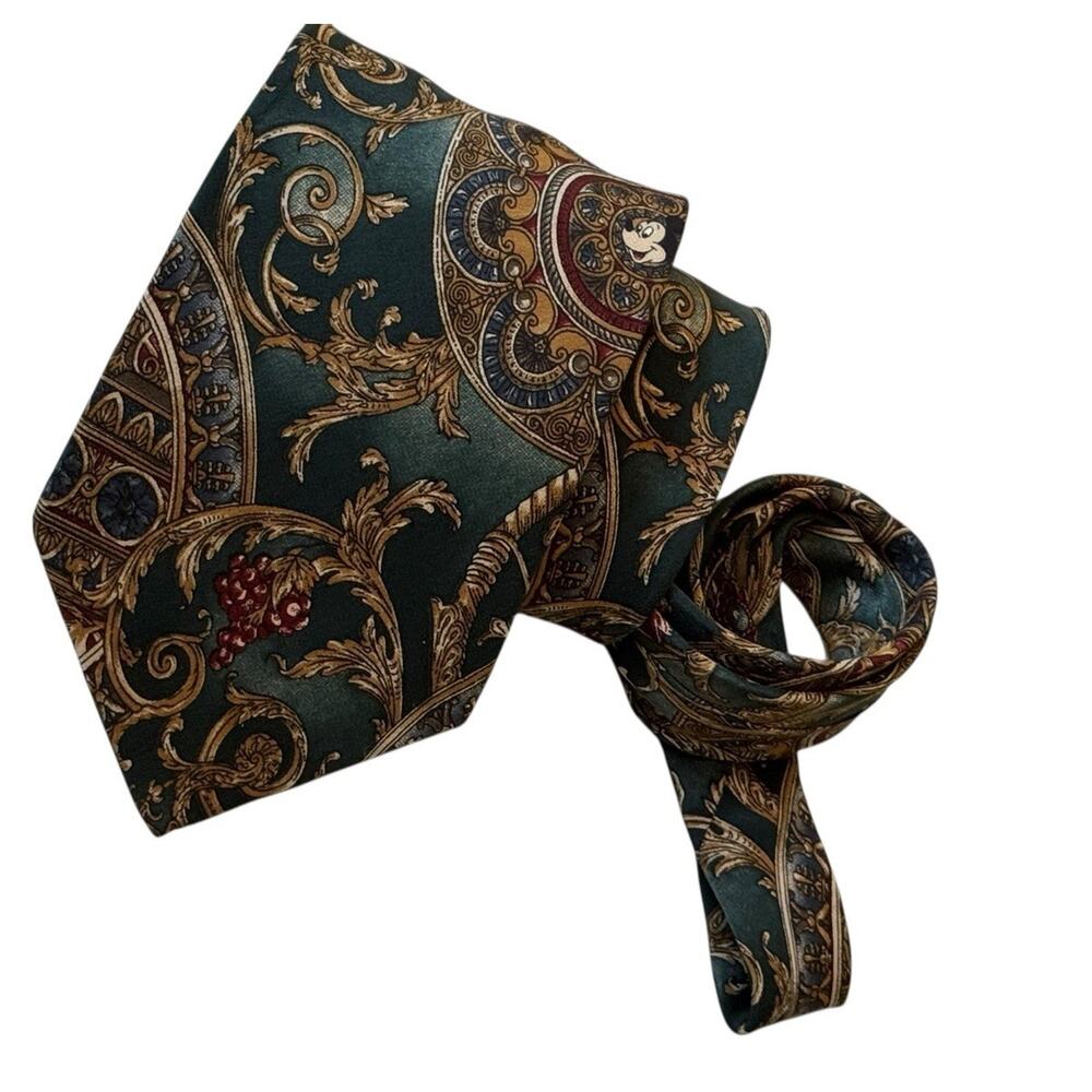 Mickey Inc Disney Silk Tie Baroque Scroll Medallion Ornate Pattern Vintage 90s